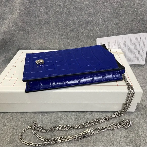 SOLD NWT $690 Alexander McQueen Skull Croc Leather Phone Bag Royal Blue - Picture 7 of 16